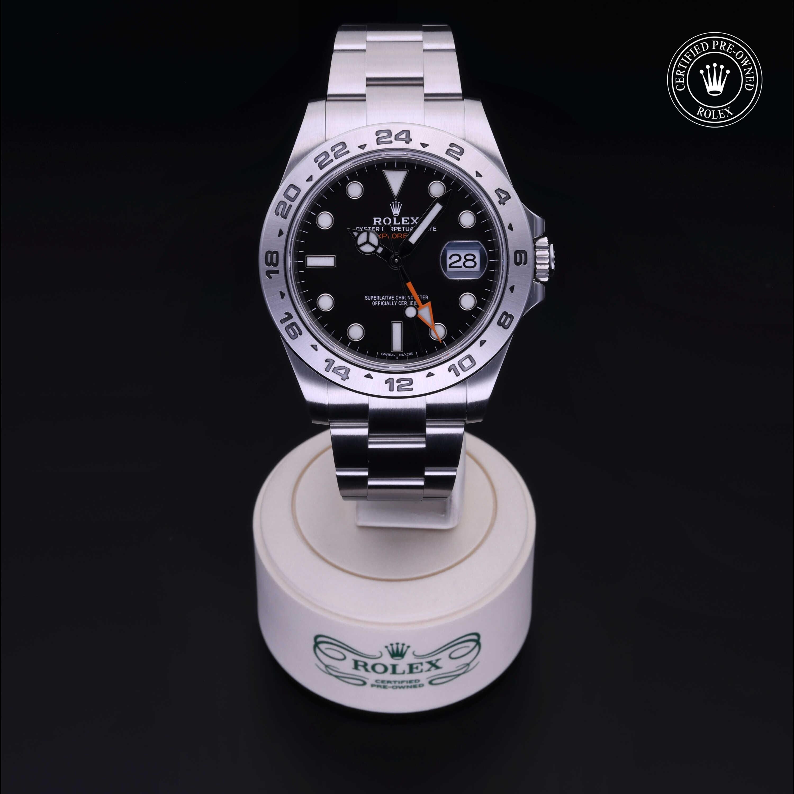 Rolex Certified Pre-owned Explorer M216570-0002 front on black background