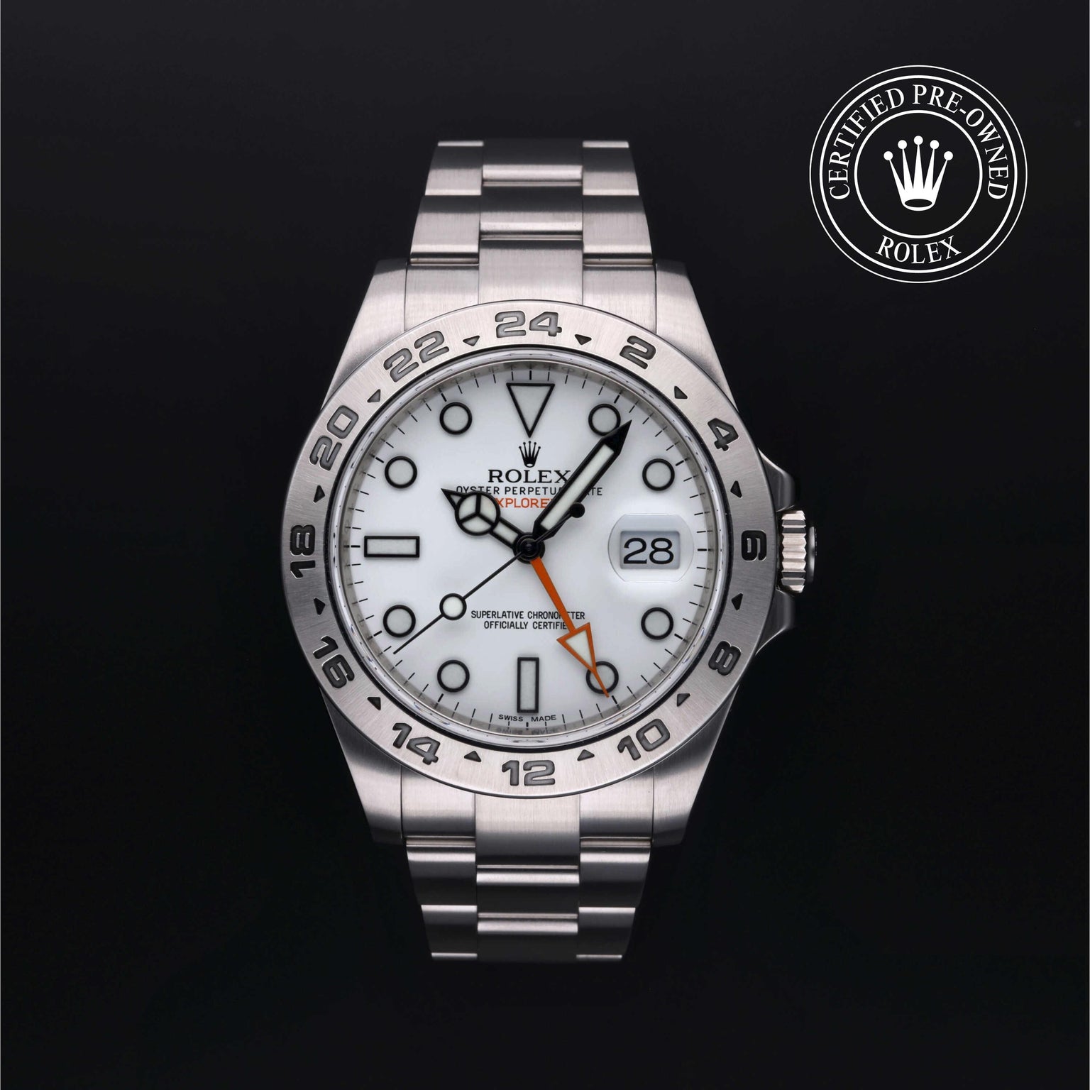 Rolex Certified Pre-owned Explorer M216570-0001 front on black background