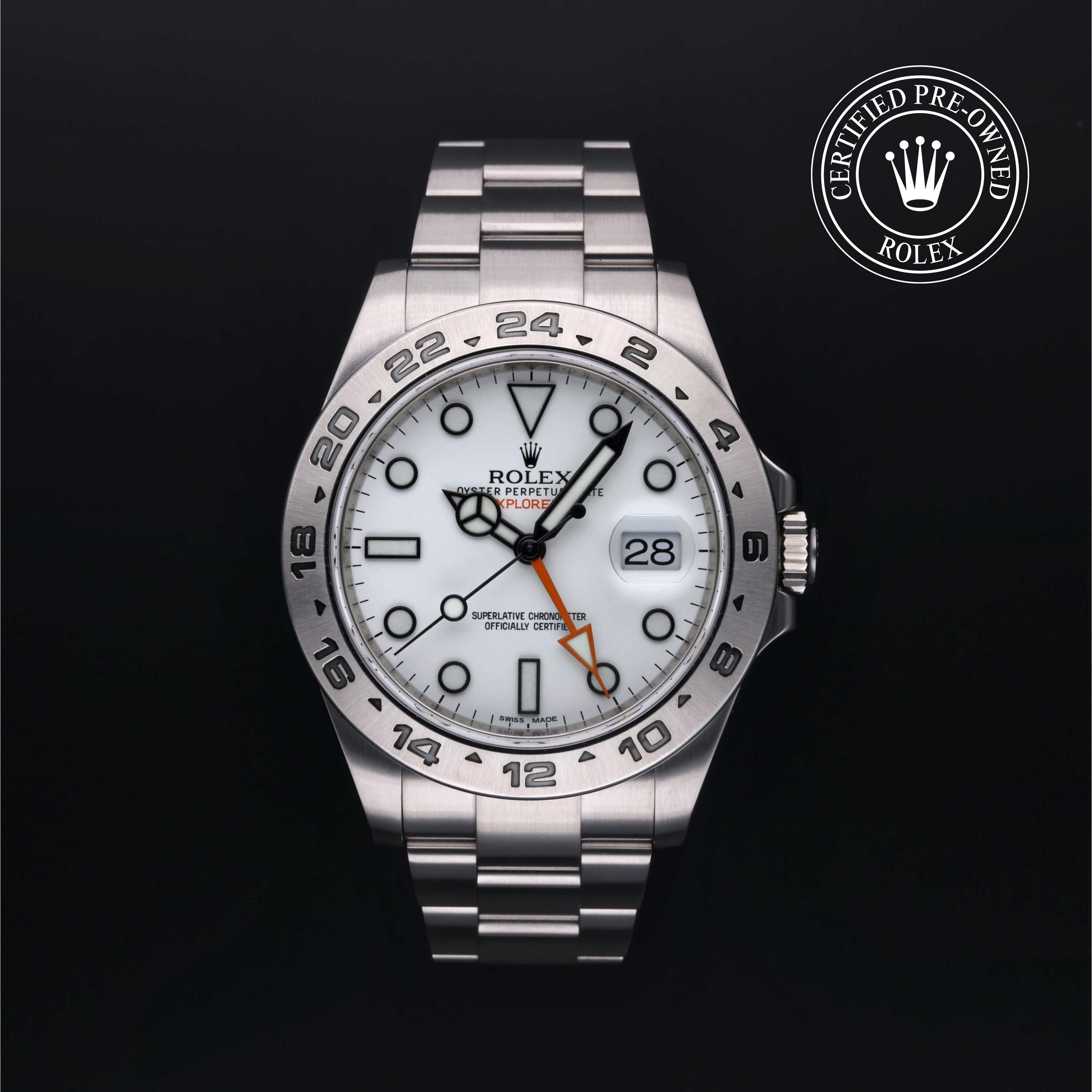 Rolex Certified Pre-owned Explorer M216570-0001 front on black background