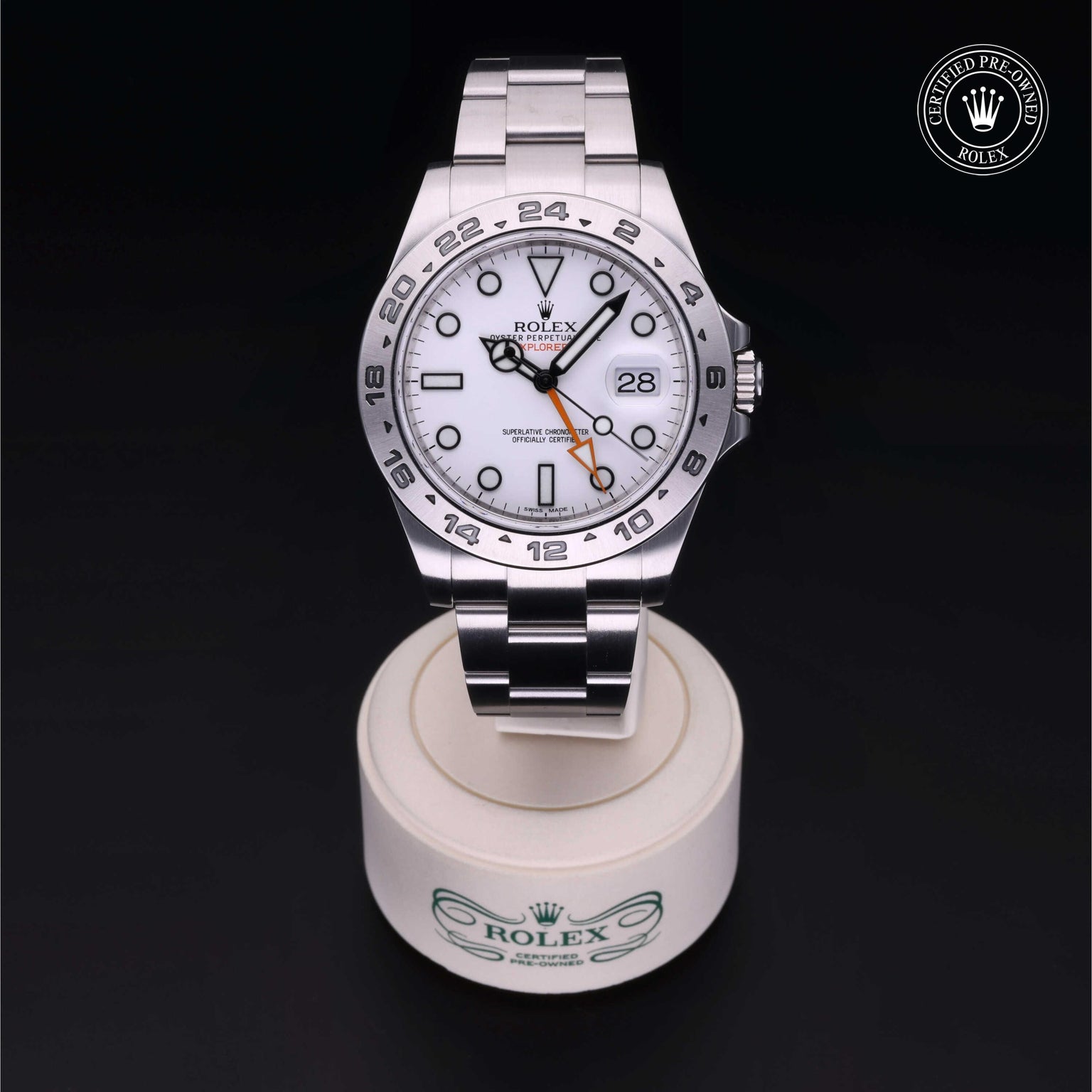 Rolex Certified Pre-owned Explorer M216570-0001 front on black background