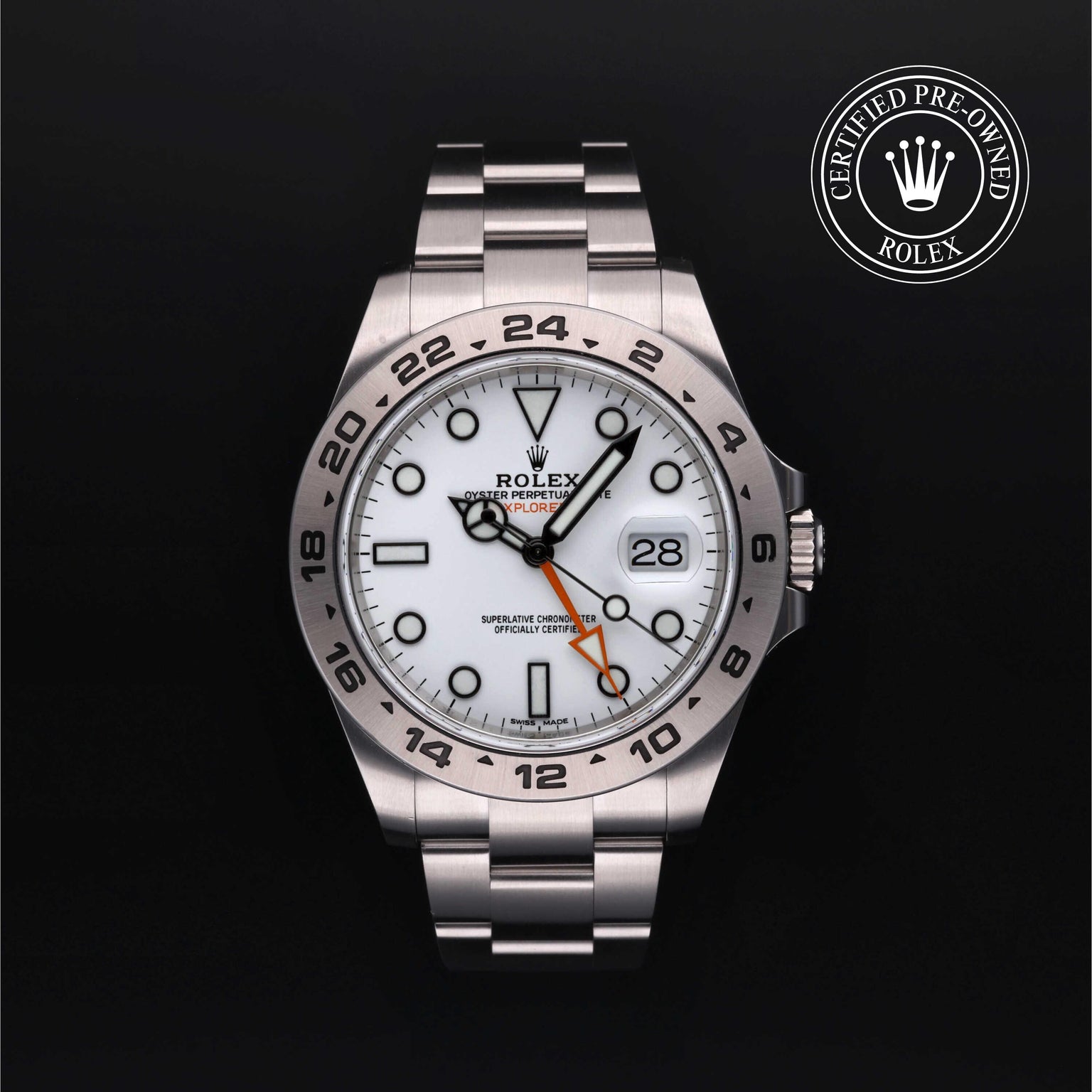 Rolex Certified Pre-owned Explorer M216570-0001 front on black background