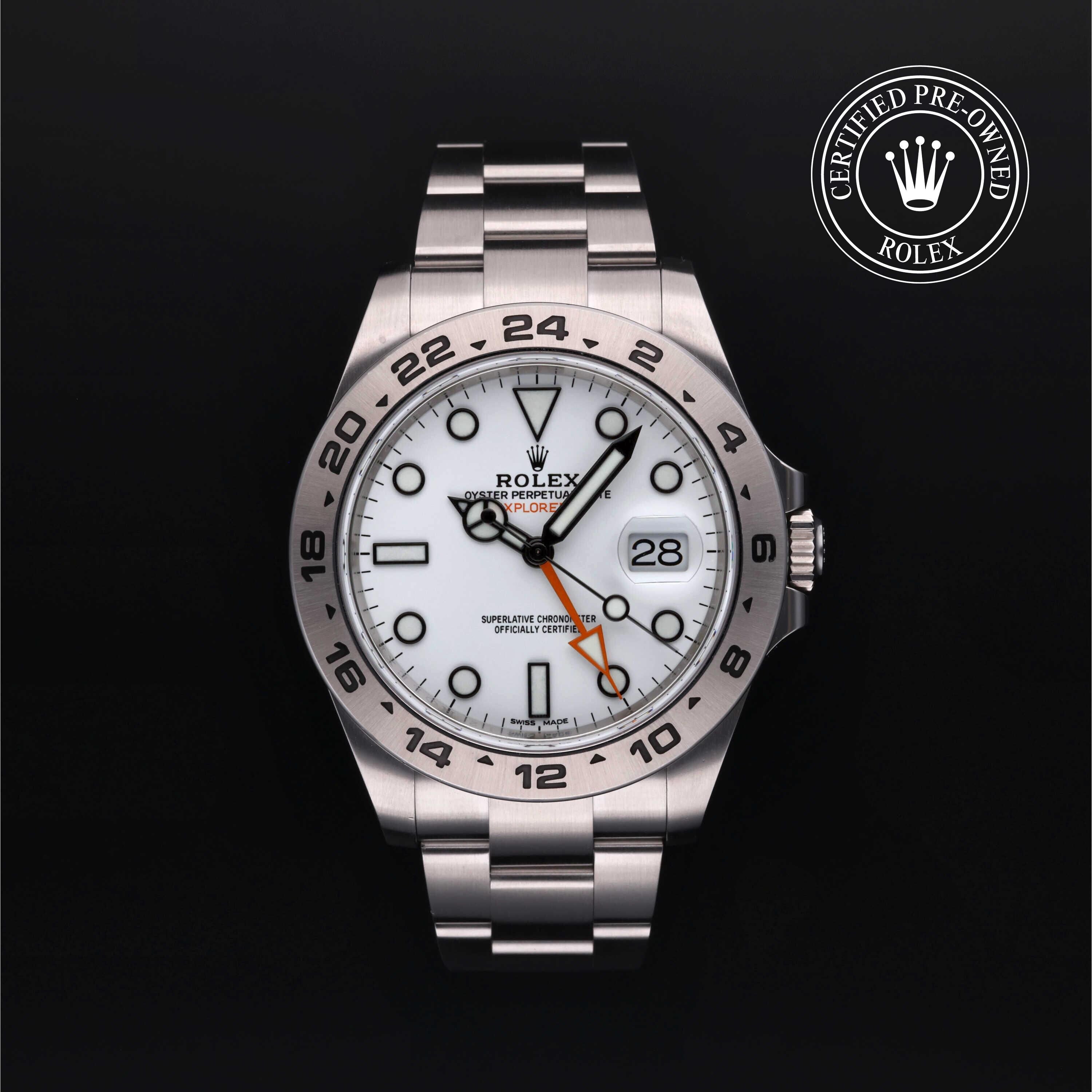 Rolex Certified Pre-owned Explorer M216570-0001 front on black background