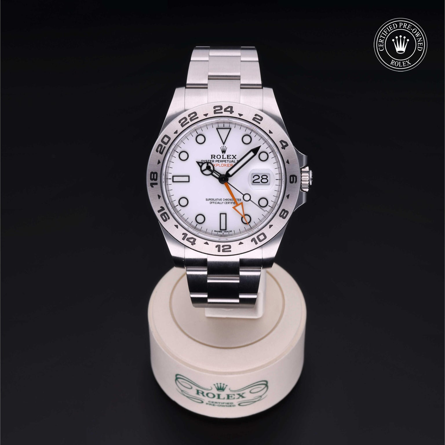 Rolex Certified Pre-owned Explorer M216570-0001 front on black background