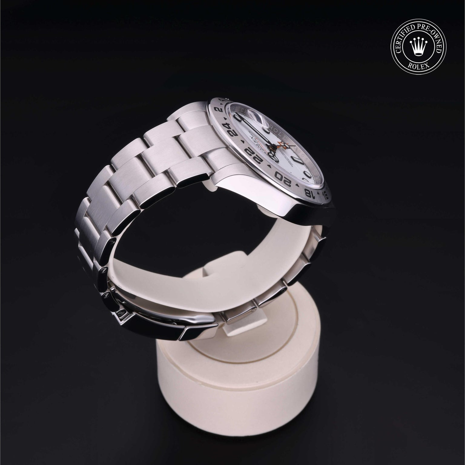 Rolex Certified Pre-owned Explorer M216570-0001 front on black background