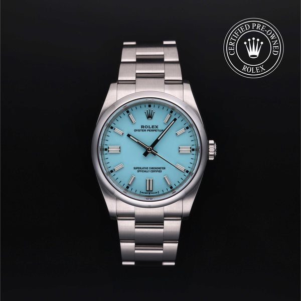 Rolex Certified Pre-owned Oyster Perpetual M126000-0006 front on black background