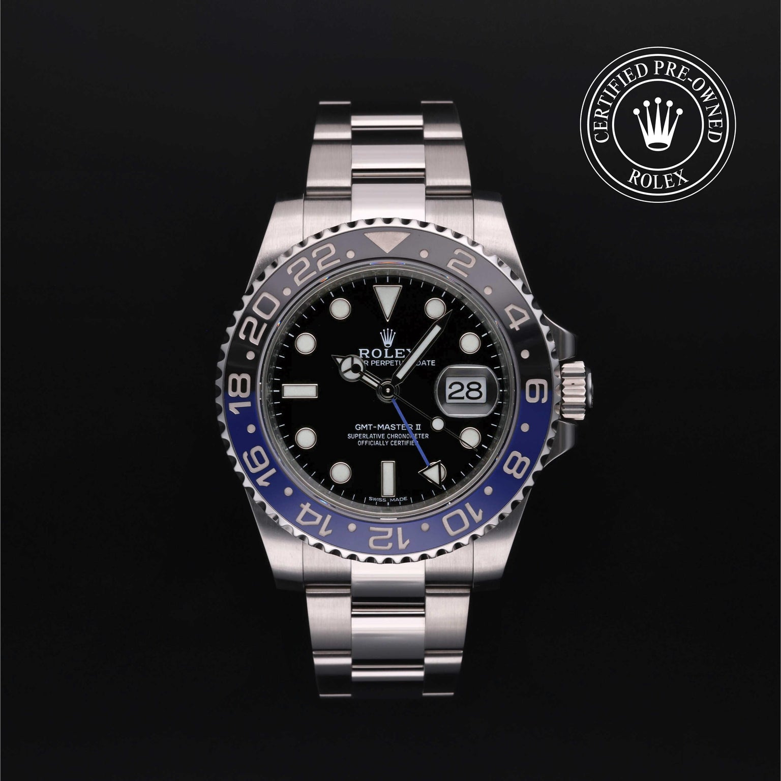 Rolex Certified Pre-owned GMT M116710BLNR-0002 front on black background