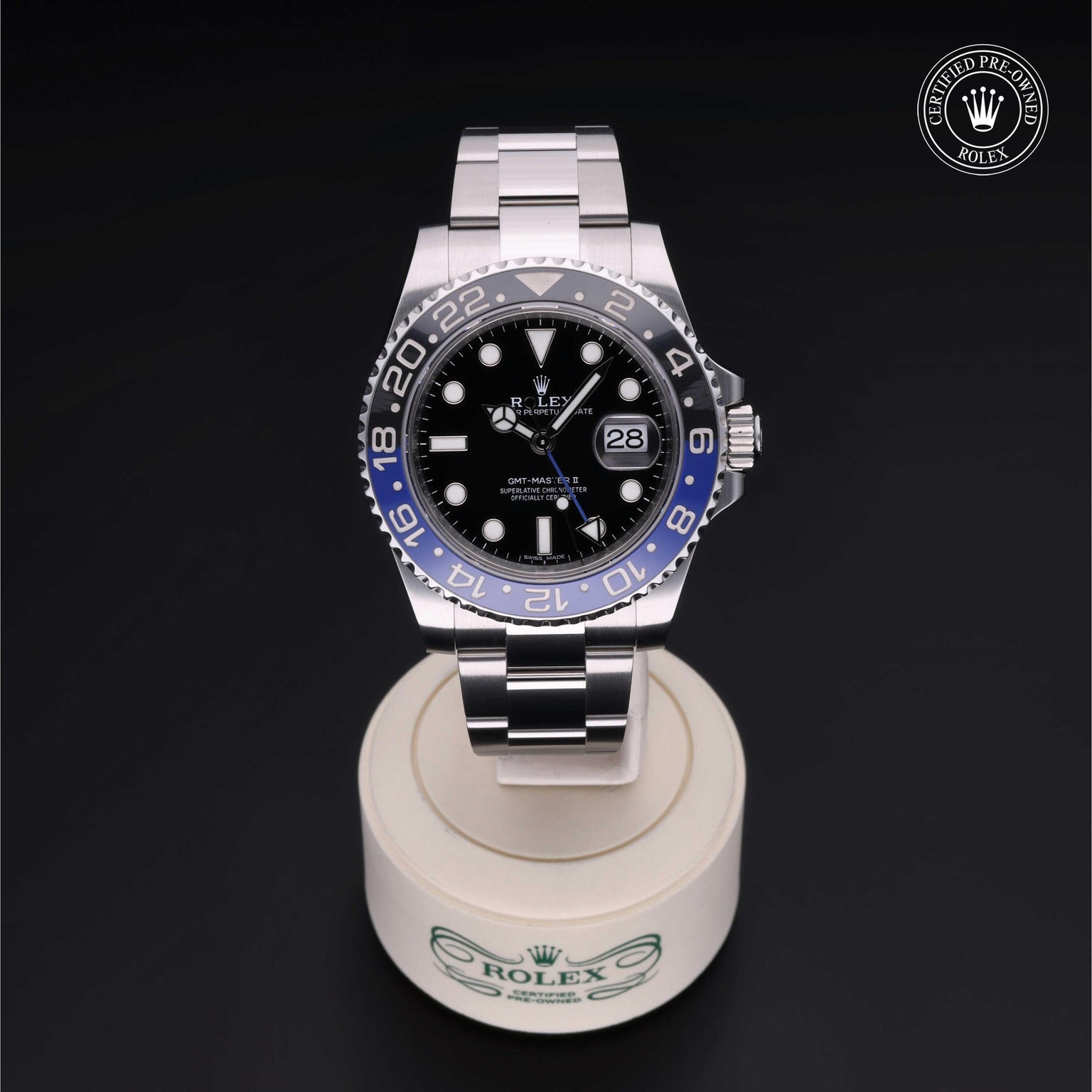 Rolex Certified Pre-owned GMT M116710BLNR-0002 front on black background