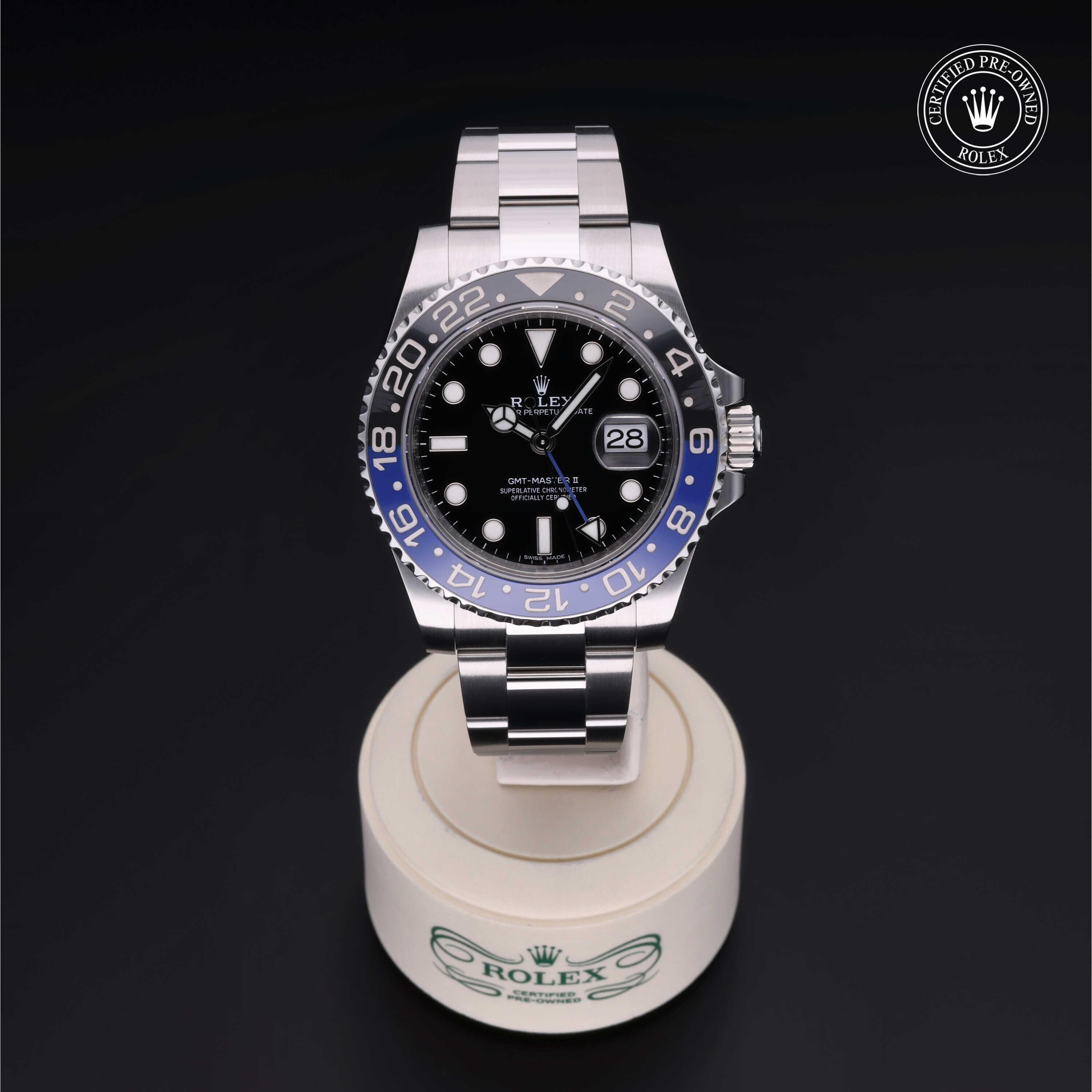 Rolex Certified Pre-owned GMT M116710BLNR-0002 front on black background