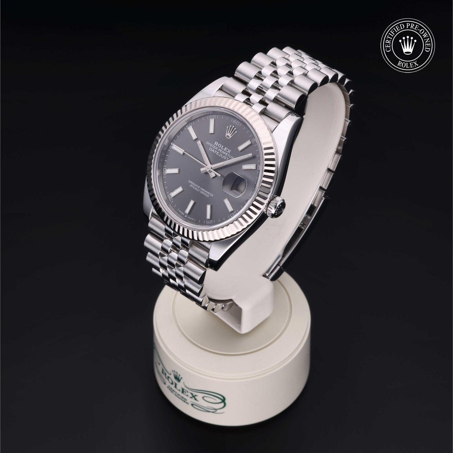 Rolex Certified Pre-owned Datejust M126334-0014 front on black background
