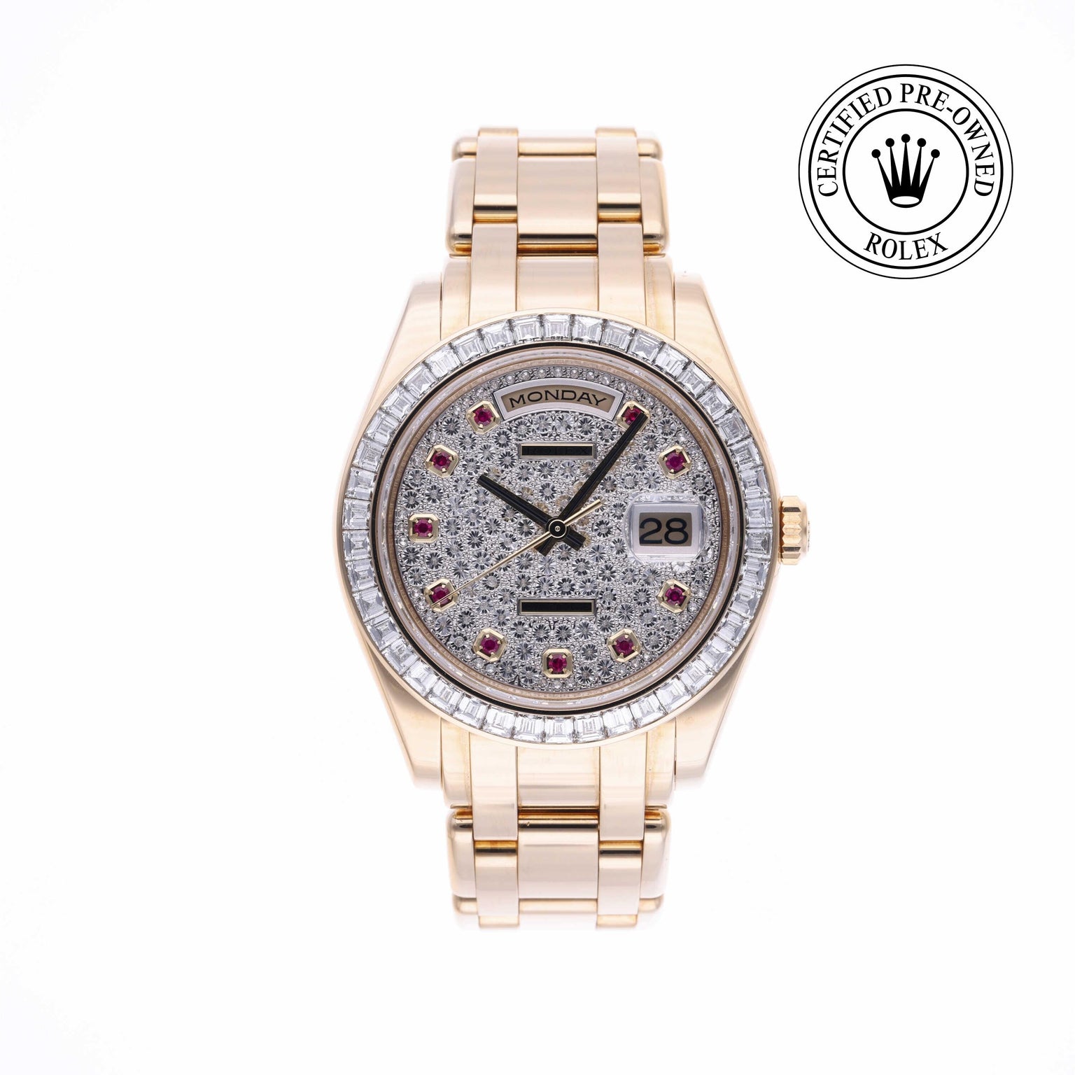 Rolex CPO Pearlmaster M18958BR front on white background