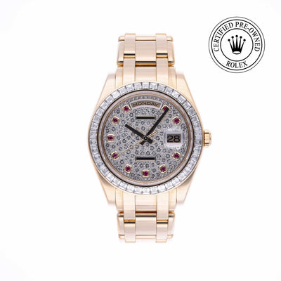 Rolex CPO Pearlmaster M18958BR front on white background