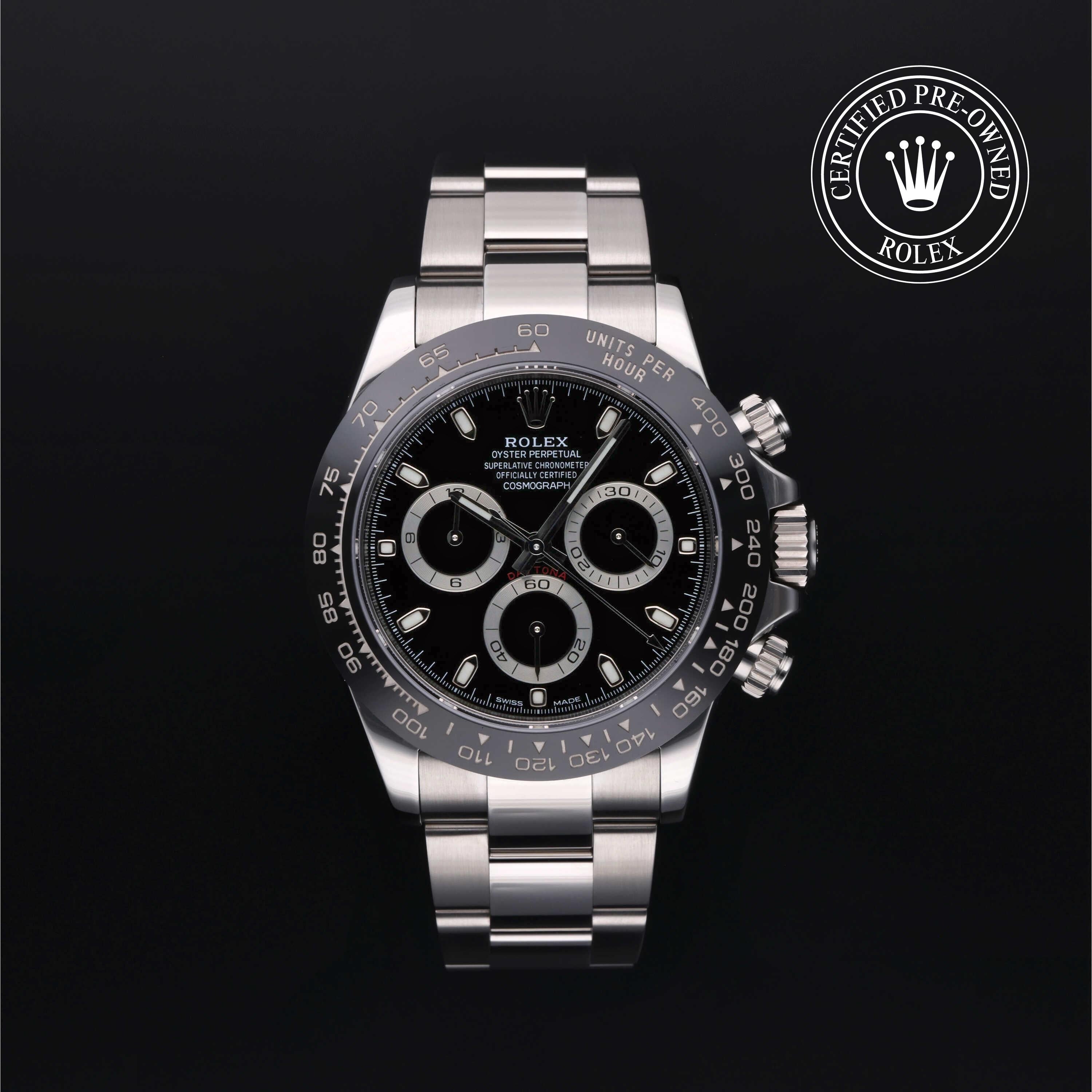 Rolex Certified Pre-owned Daytona M116500LN-0002 front on black background
