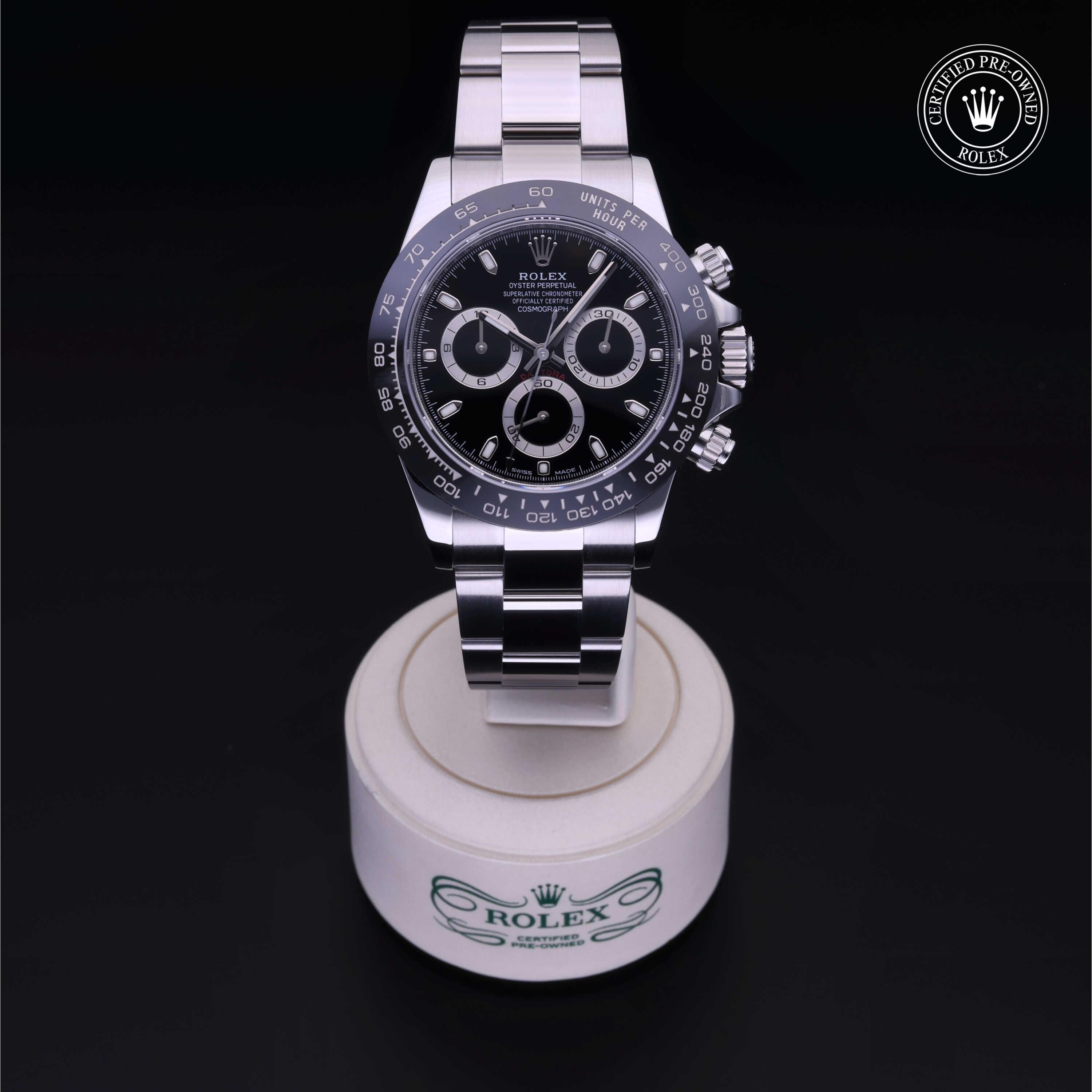 Rolex Certified Pre-owned Daytona M116500LN-0002 front on black background