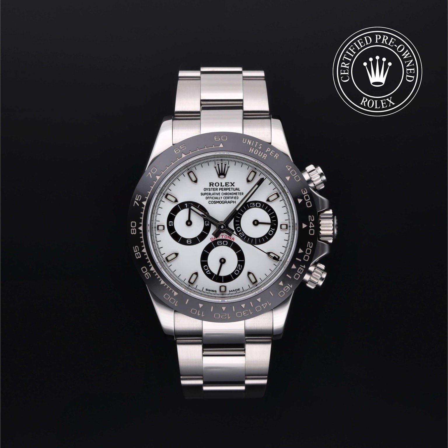 Rolex Certified Pre-owned Daytona M116500LN-0001 front on black background