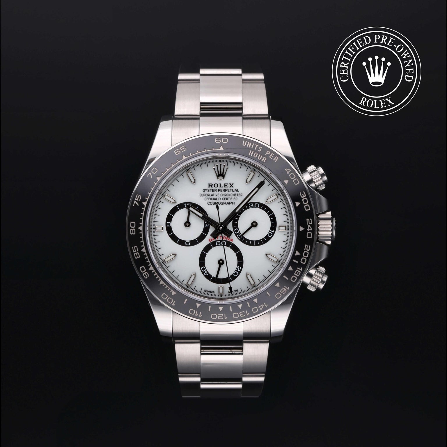 Rolex Certified Pre-owned Daytona M126500LN-0001 front on black background
