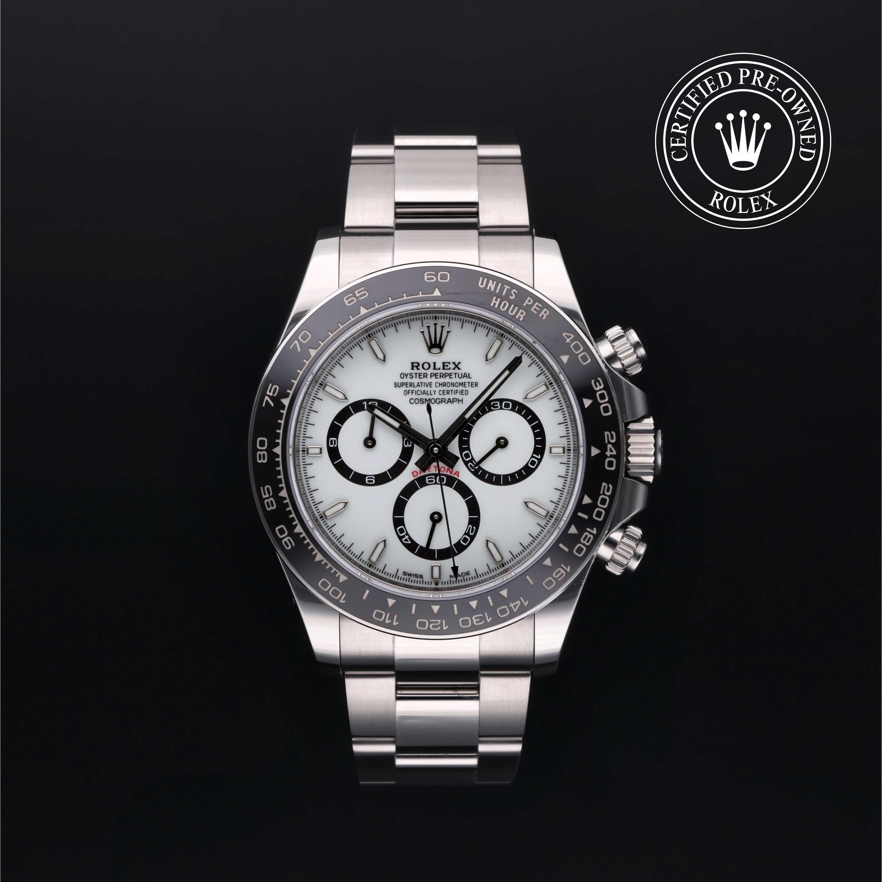 Rolex Certified Pre-owned Daytona M126500LN-0001 front on black background