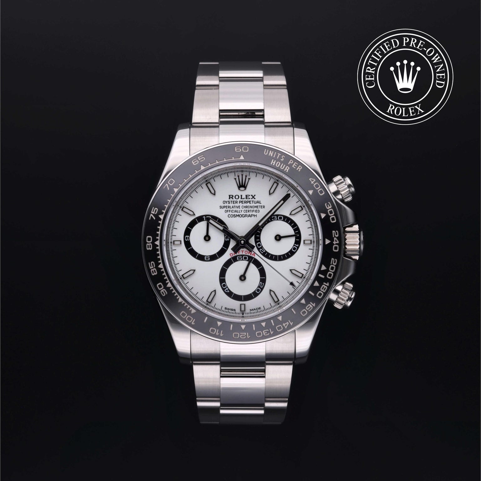 Rolex Certified Pre-owned Daytona M126500LN-0001 front on black background