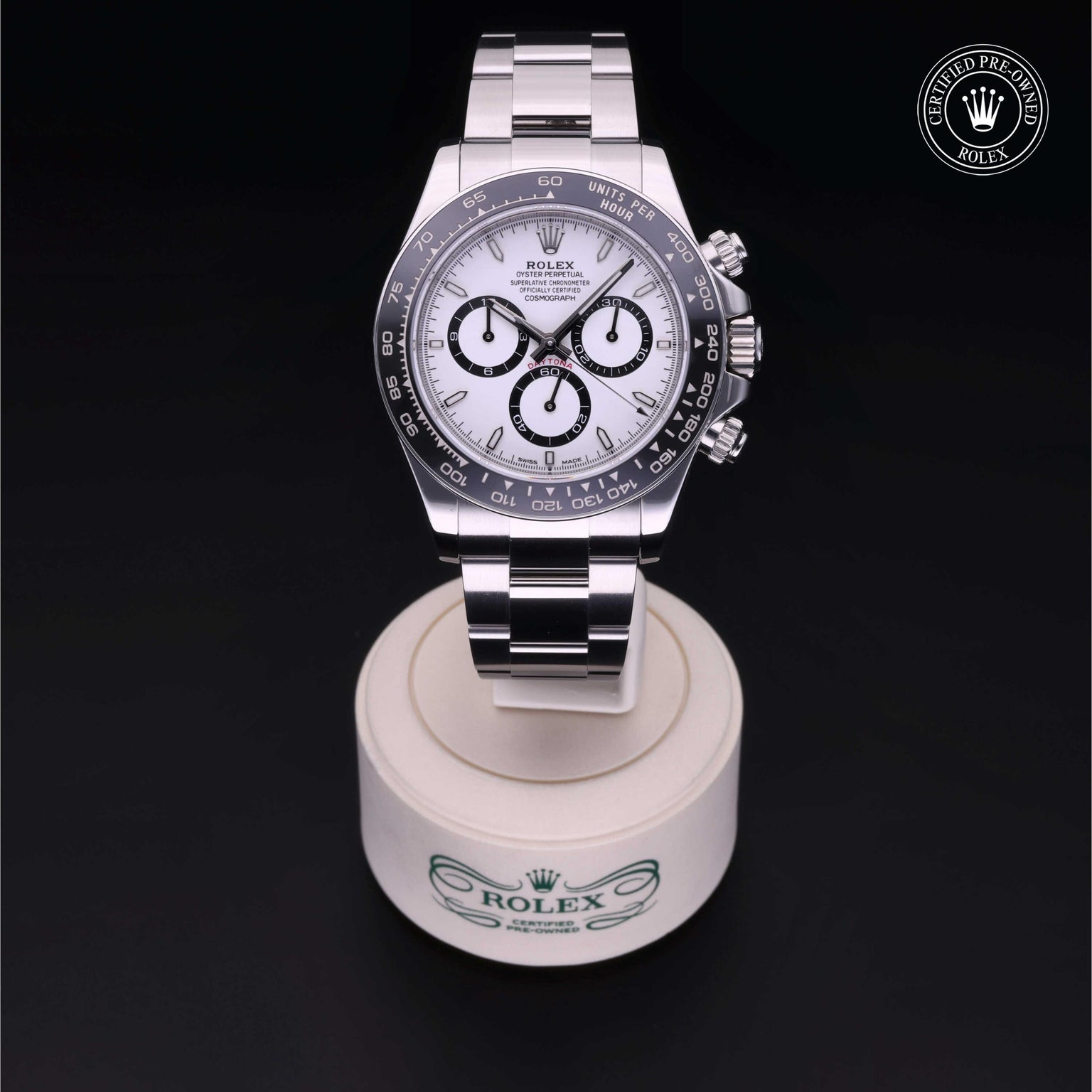 Rolex Certified Pre-owned Daytona M126500LN-0001 front on black background