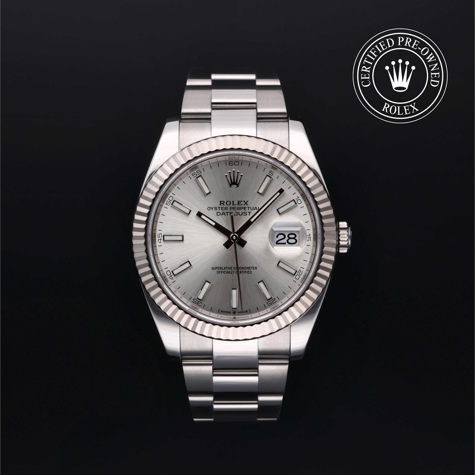 Rolex Certified Pre-owned Datejust M126334-0003 front on black background