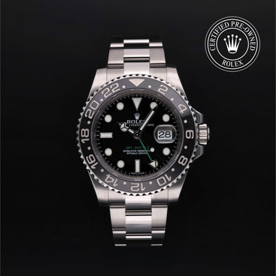 Rolex Certified Pre-owned GMT M116710LN-0001 front on black background