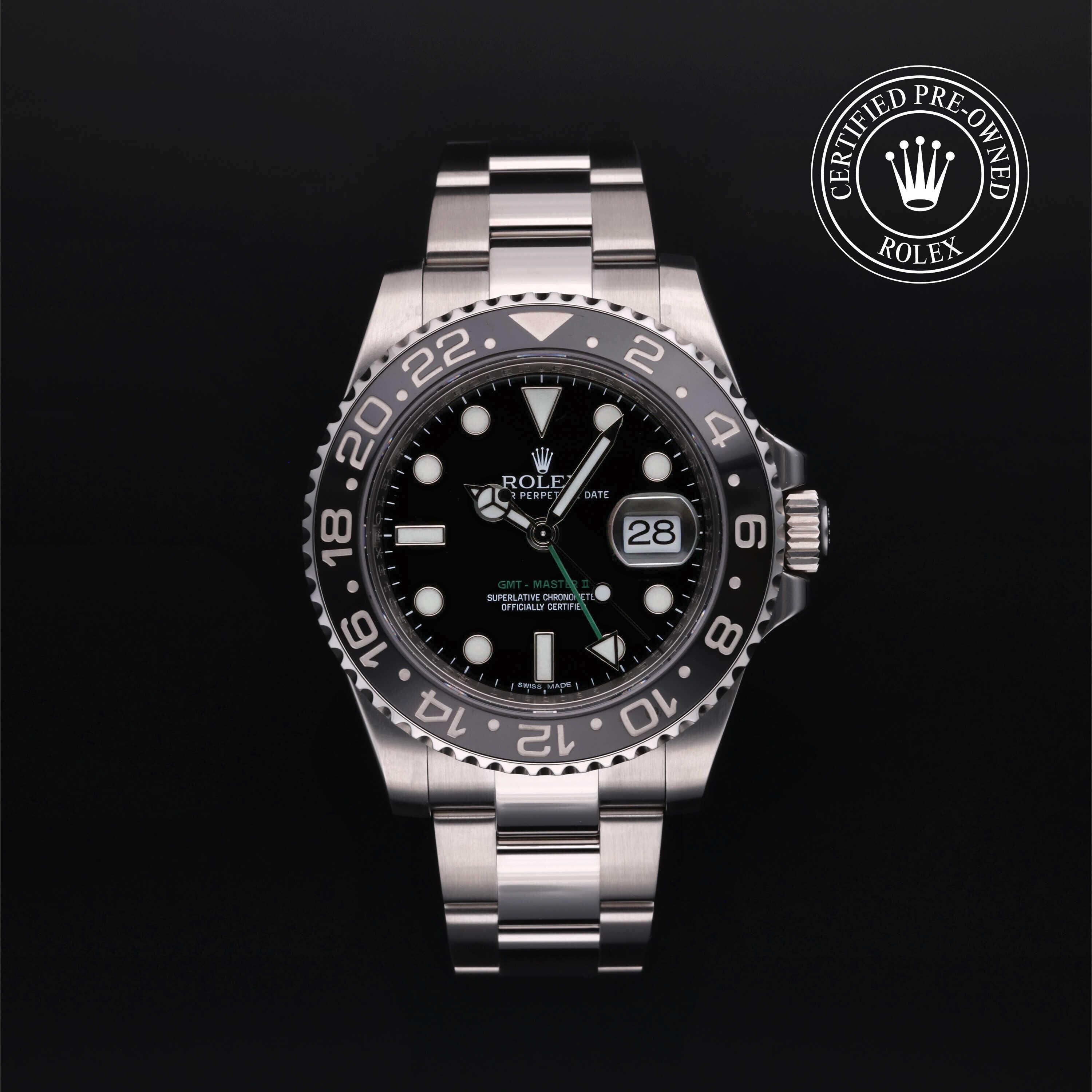 Rolex Certified Pre-owned GMT M116710LN-0001 front on black background