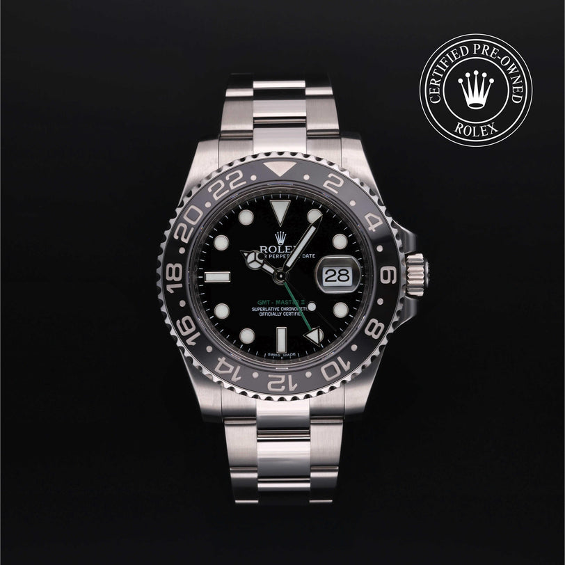 Rolex Certified Pre-owned GMT M116710LN-0001 front on black background