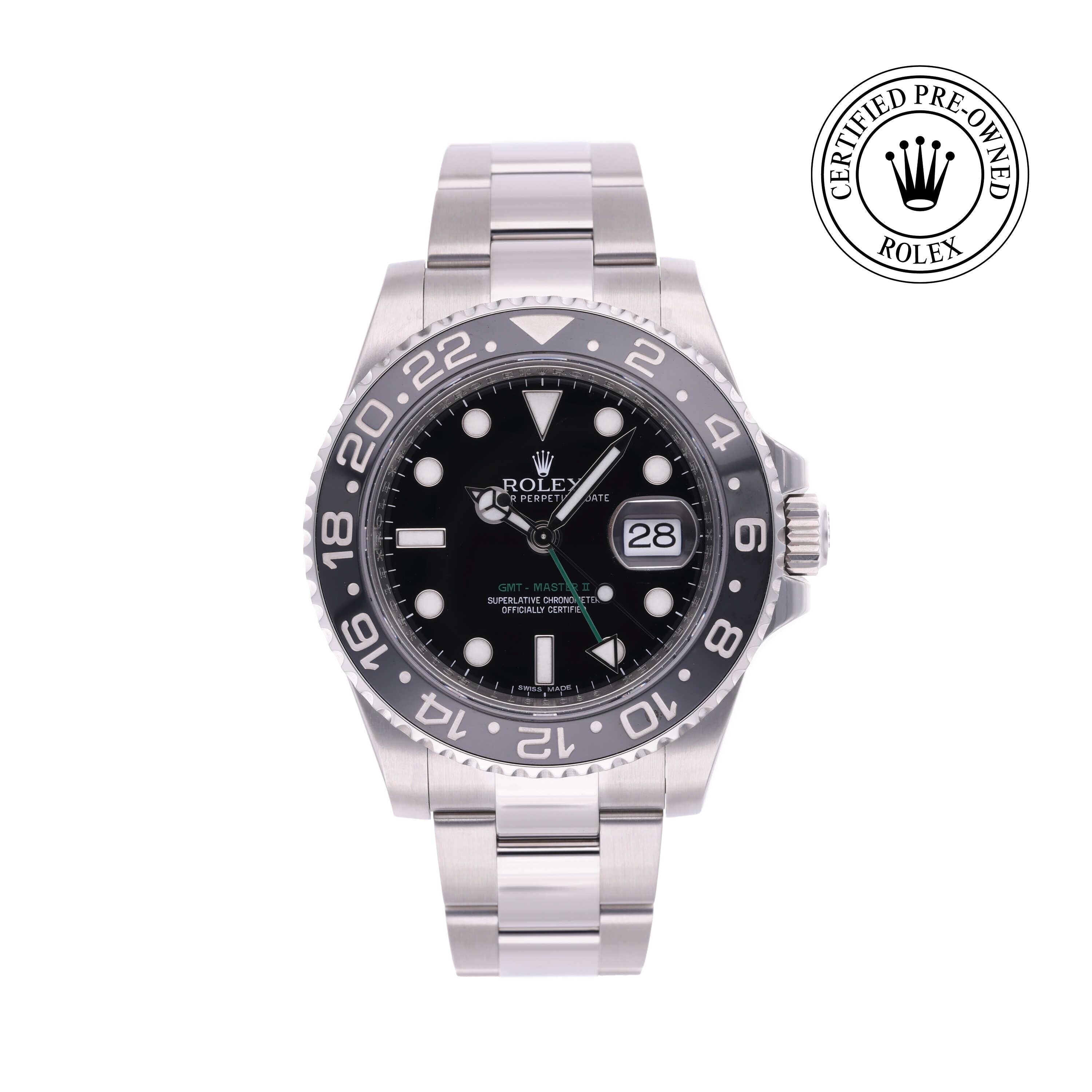 Rolex Certified Pre-owned GMT M116710LN-0001 front on white background