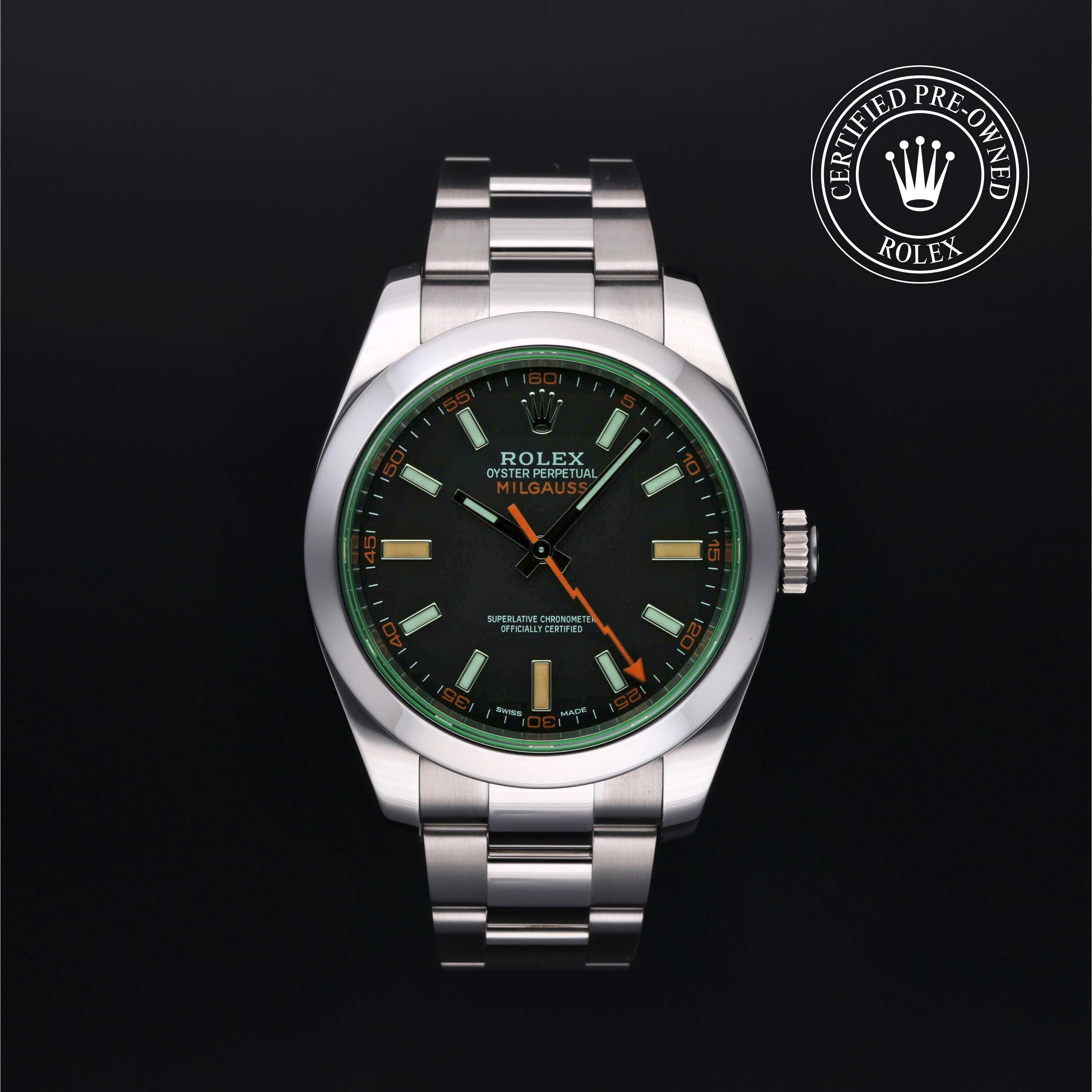 Rolex Certified Pre-owned Milgauss M116400GV-0001 front on black background