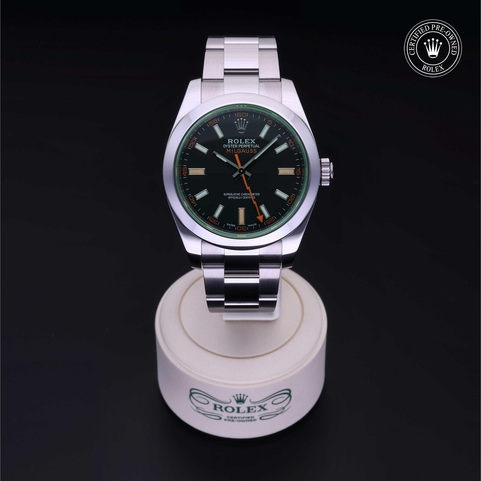 Rolex Certified Pre-owned Milgauss M116400GV-0001 front on black background