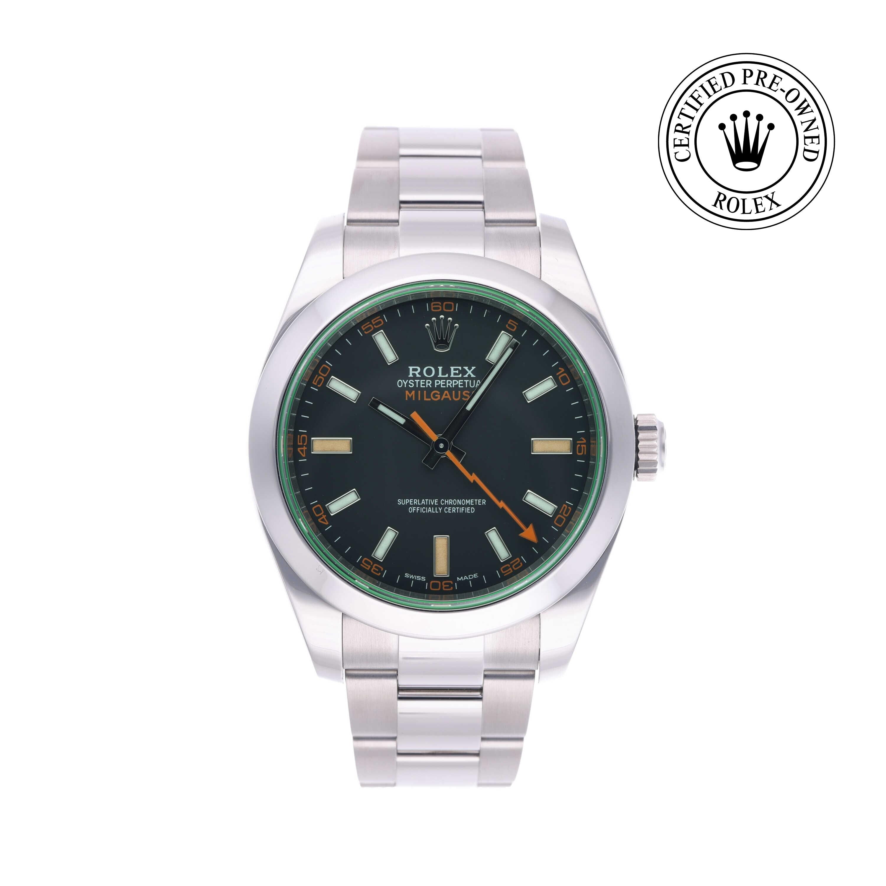 Rolex Certified Pre-owned Milgauss M116400GV-0001 front on white background