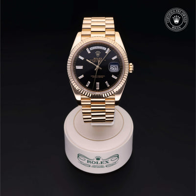 Rolex Certified Pre-owned Day-date M228238-0004 front on black background