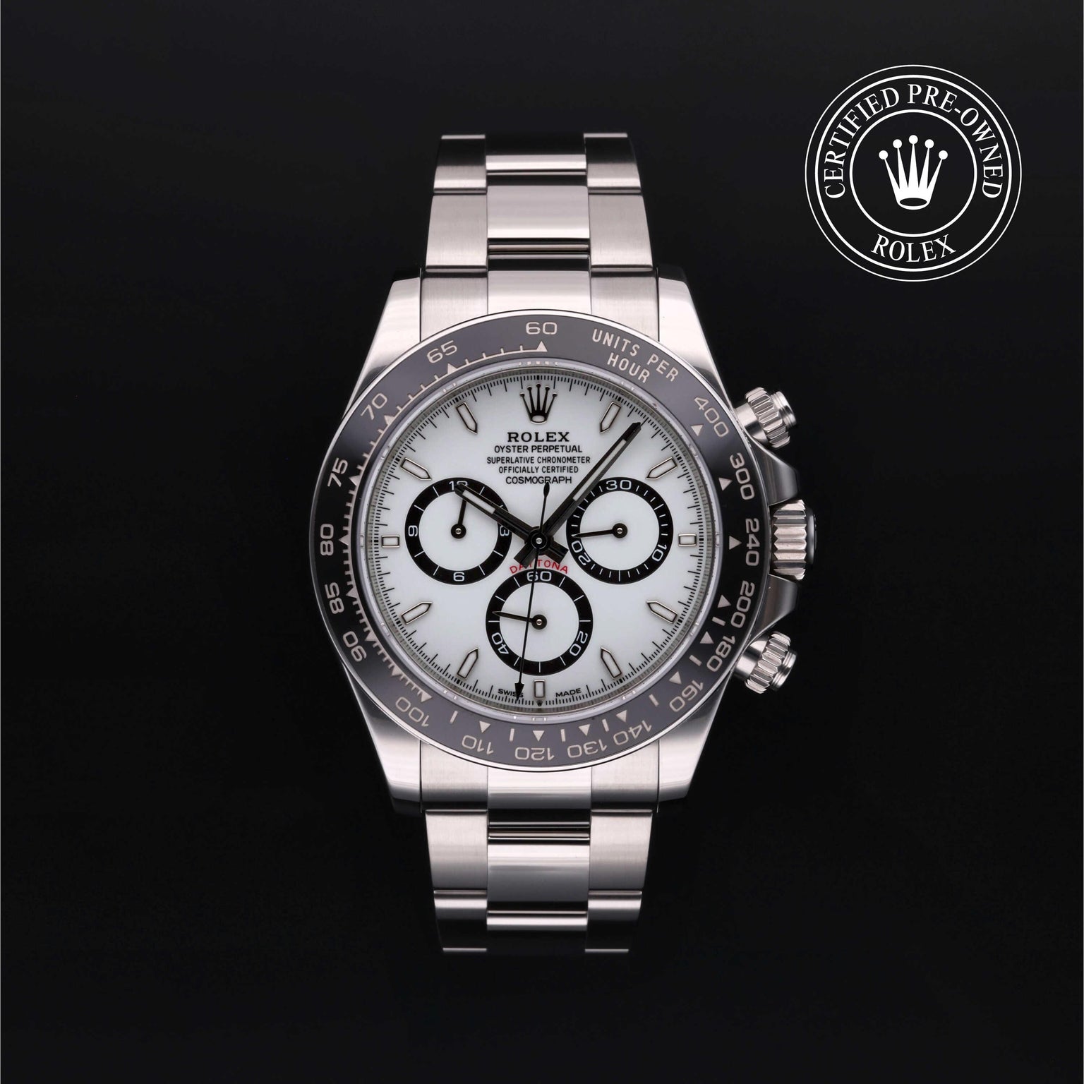 Rolex Certified Pre-owned Daytona M126500LN-0001 front on black background