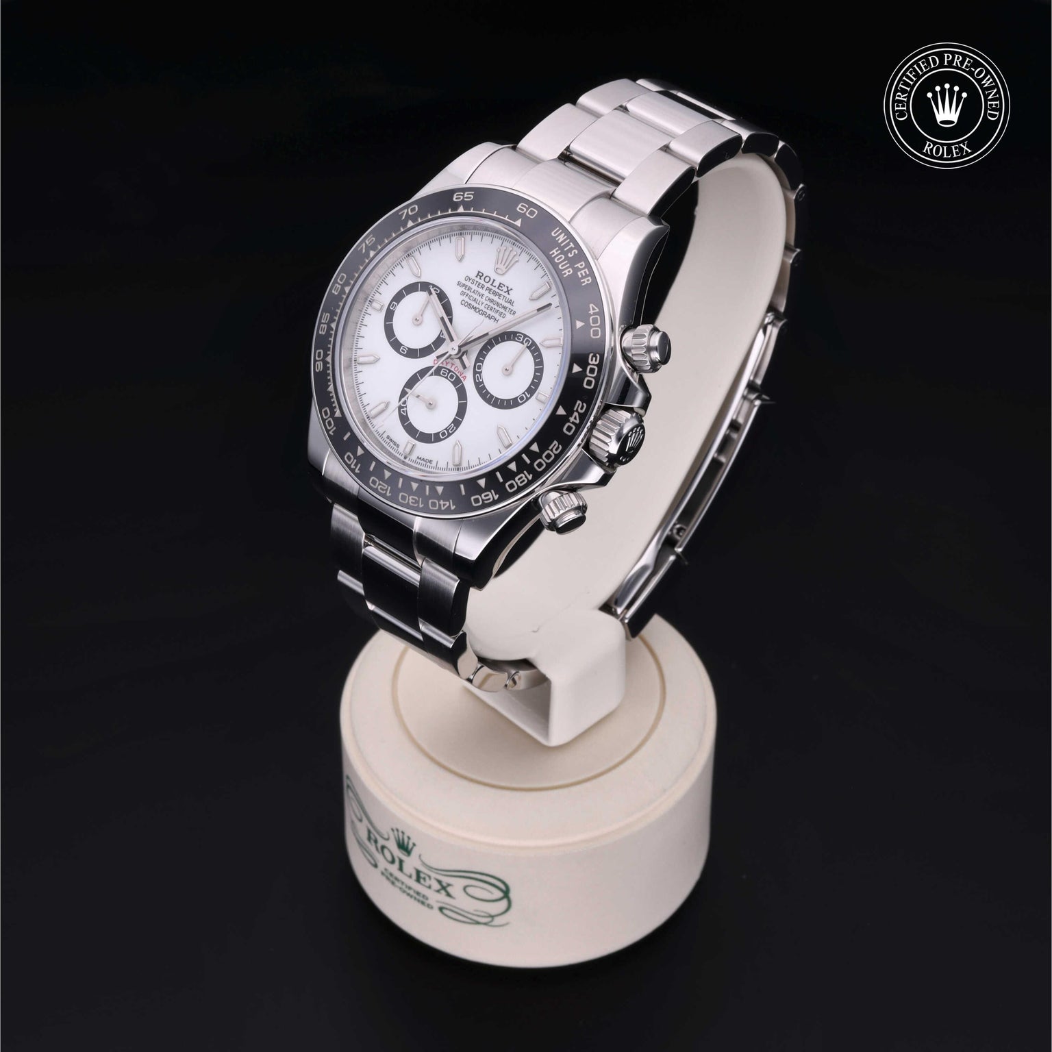 Rolex Certified Pre-owned Daytona M126500LN-0001 front on black background