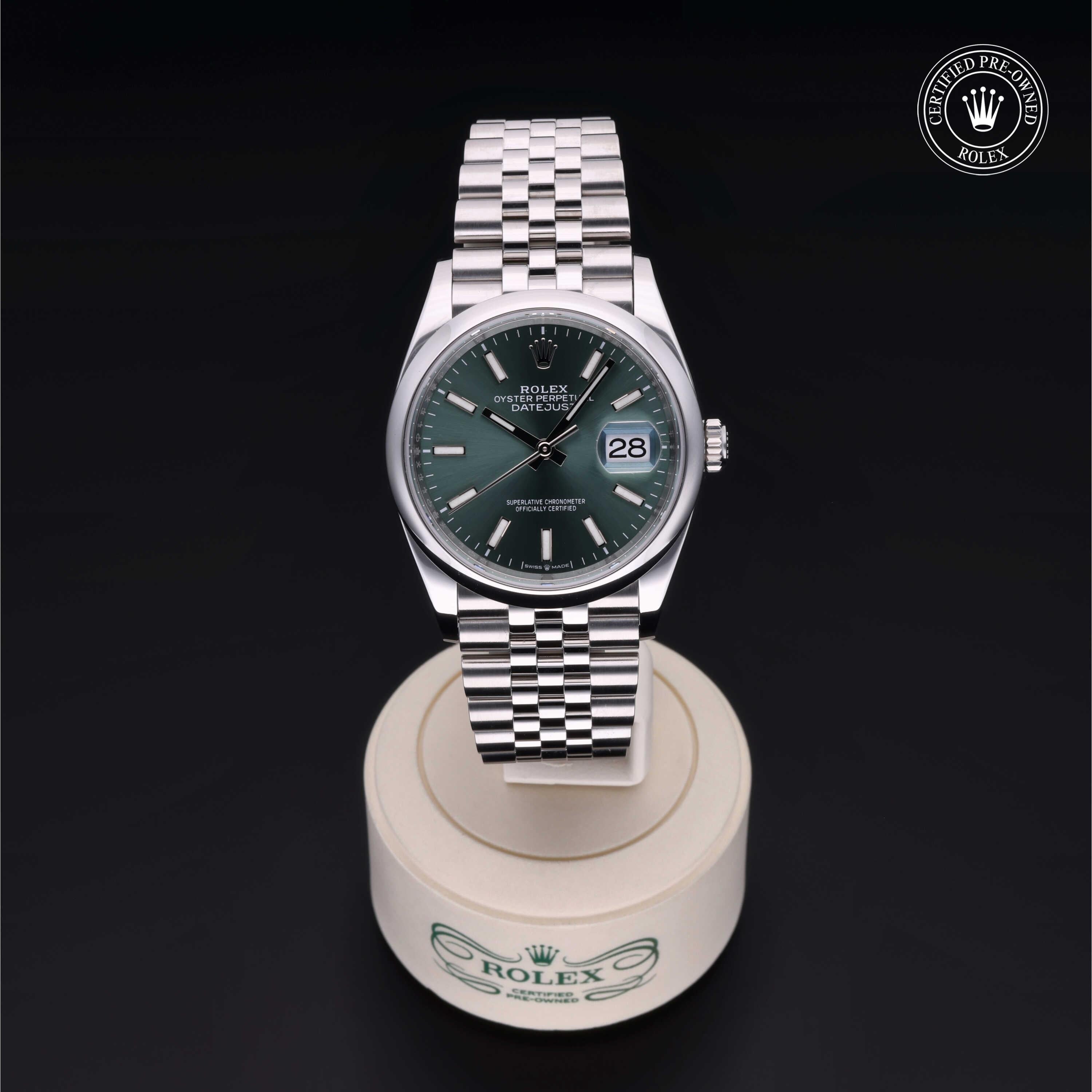 Rolex Certified Pre-owned Datejust M126200-0023 front on black background