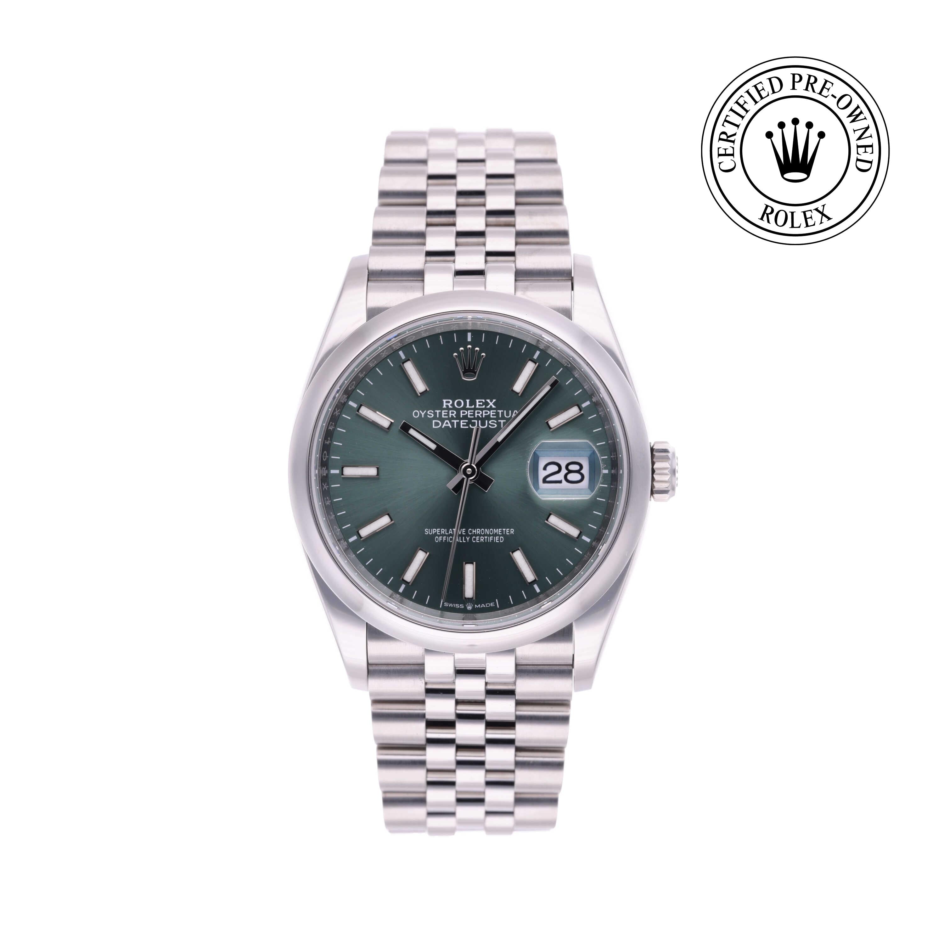 Rolex Certified Pre-owned Datejust M126200-0023 front on white background