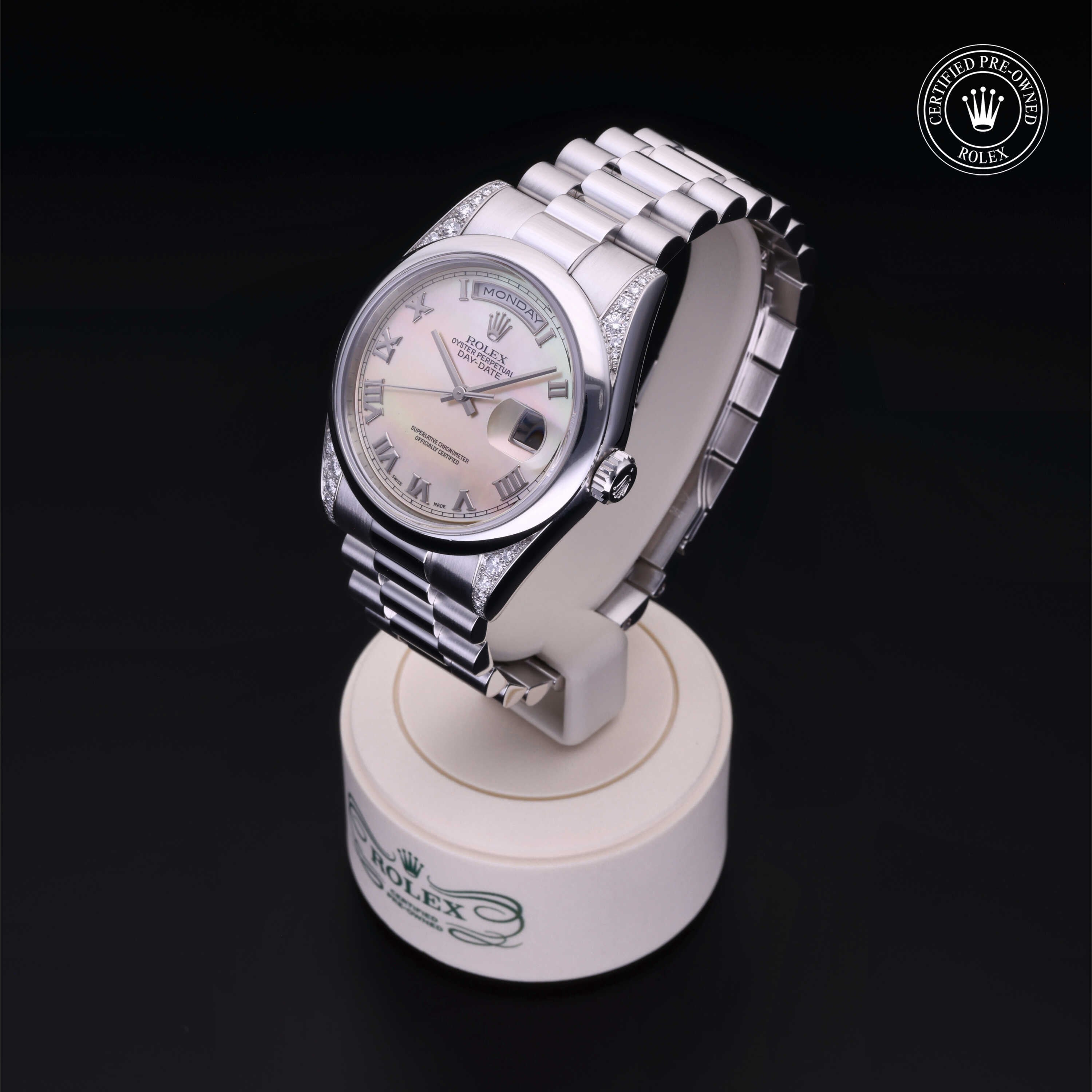 Rolex Certified Pre-owned Day-date M118296-0002 front on black background