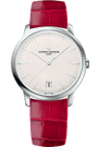 Vacheron Constantin Patrimony watch with silver case, cream dial, and red crocodile leather strap.