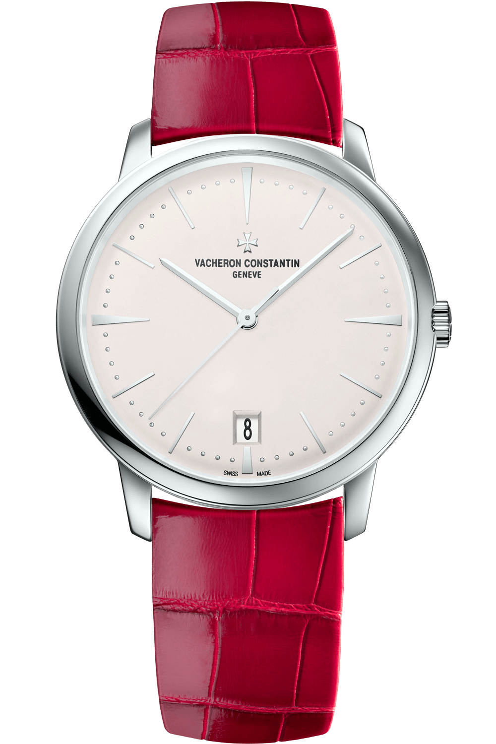 Vacheron Constantin Patrimony watch with silver case, cream dial, and red crocodile leather strap.