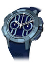 Blue and gray chronograph watch with dark blue dial, white hands, dual subdials, and dark blue rubber strap.