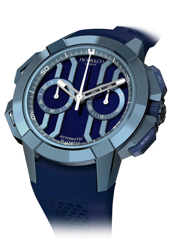 Blue and gray chronograph watch with dark blue dial, white hands, dual subdials, and dark blue rubber strap.