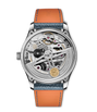 The IWC Schaffhausen Portugieser Automatic 42 features chronometer precision, a silver case, blue textured leather strap with orange underside, and a transparent case back displaying its intricate internal mechanisms.
