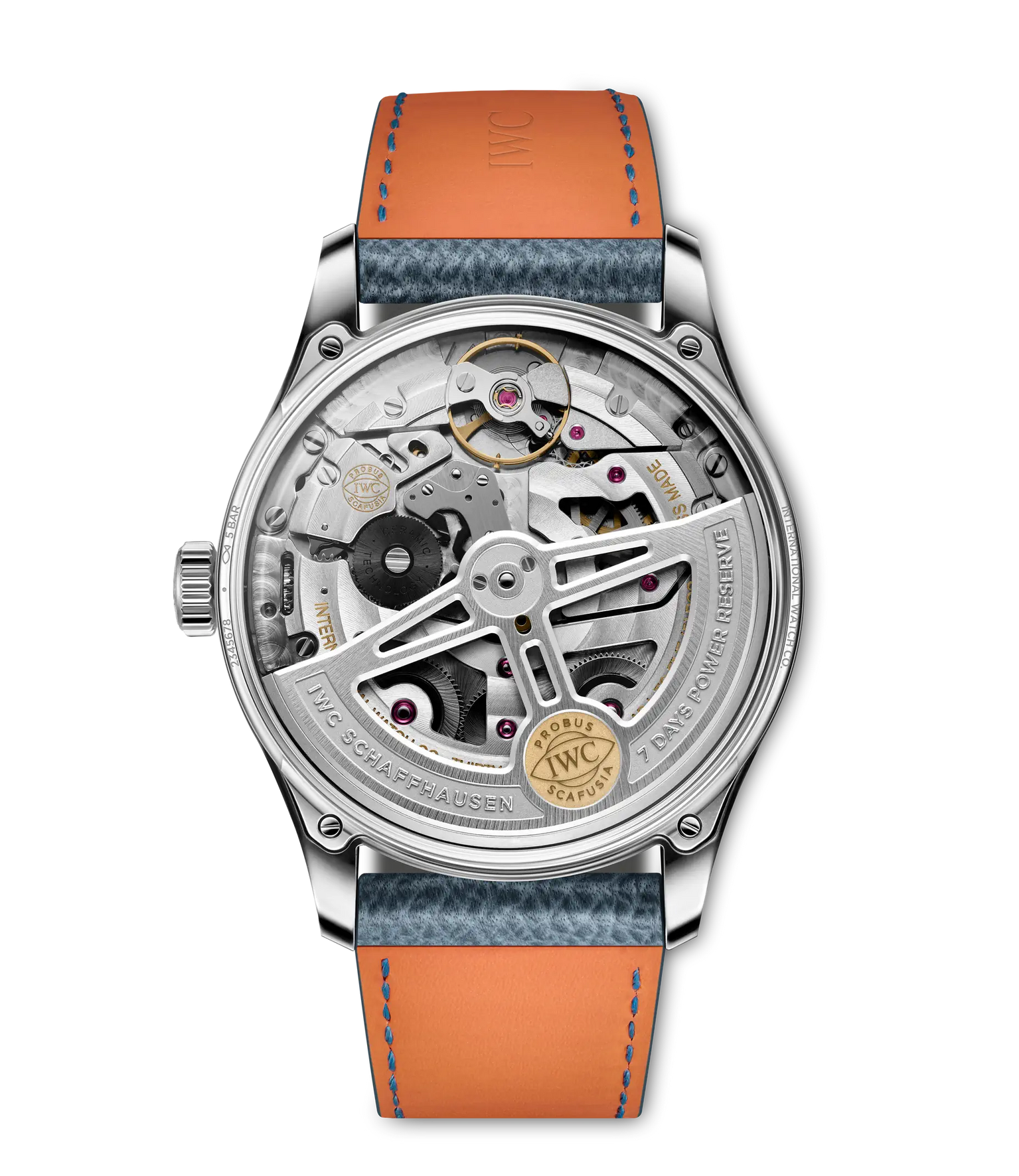 The IWC Schaffhausen Portugieser Automatic 42 features chronometer precision, a silver case, blue textured leather strap with orange underside, and a transparent case back displaying its intricate internal mechanisms.