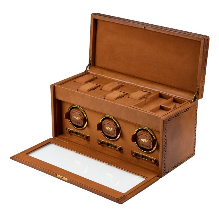 Tan leather case with three circular watch winders and storage compartments, front drawer open showing white interior.
