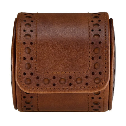 Brown leather watch roll with decorative perforated brogue detailing and flap closure.