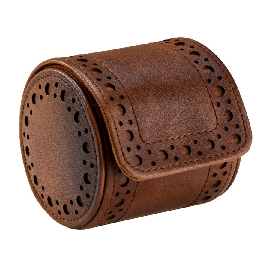 Brown leather watch roll with perforated brogue detailing and flap closure.