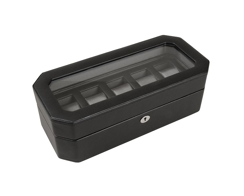 Black watch box with glass top displaying five cushioned compartments and silver lock.