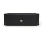 Black leather watch box with hinged lid and silver metal lock mechanism.