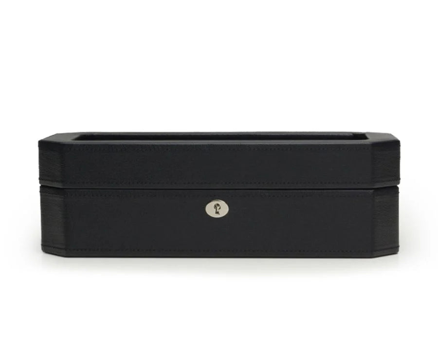 Black leather watch box with hinged lid and silver metal lock mechanism.