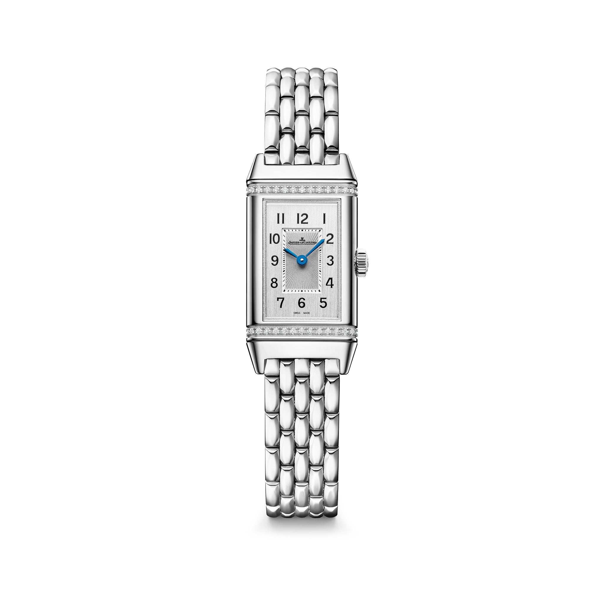 Rectangular silver-tone watch with white dial, Arabic numerals, blue hands, and multi-link metal bracelet.