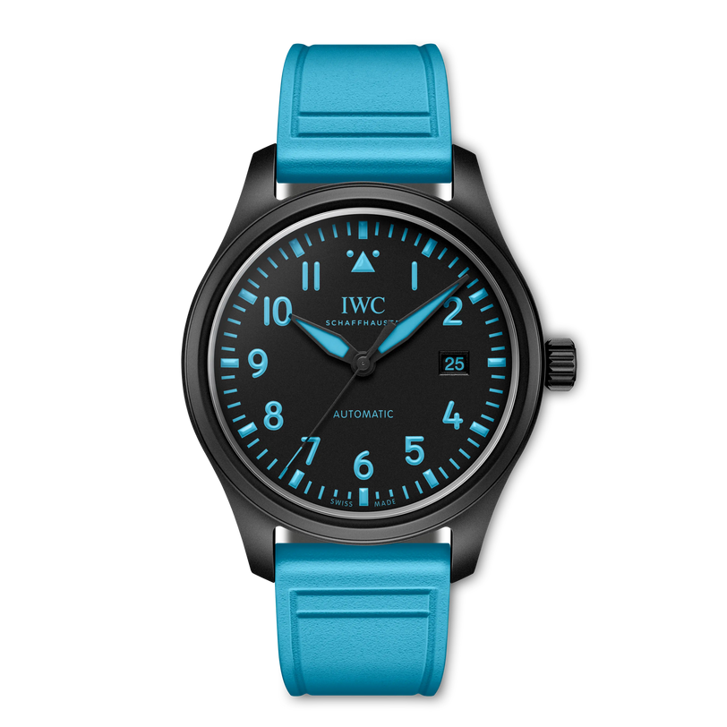 Wristwatch with blue strap and black dial on a white background